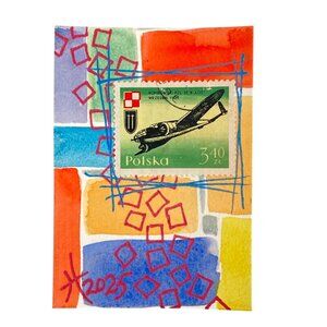 ACEO Original Art Watercolor 1971 Poland PLZ 37 Los Warplane Postage Stamp ATC